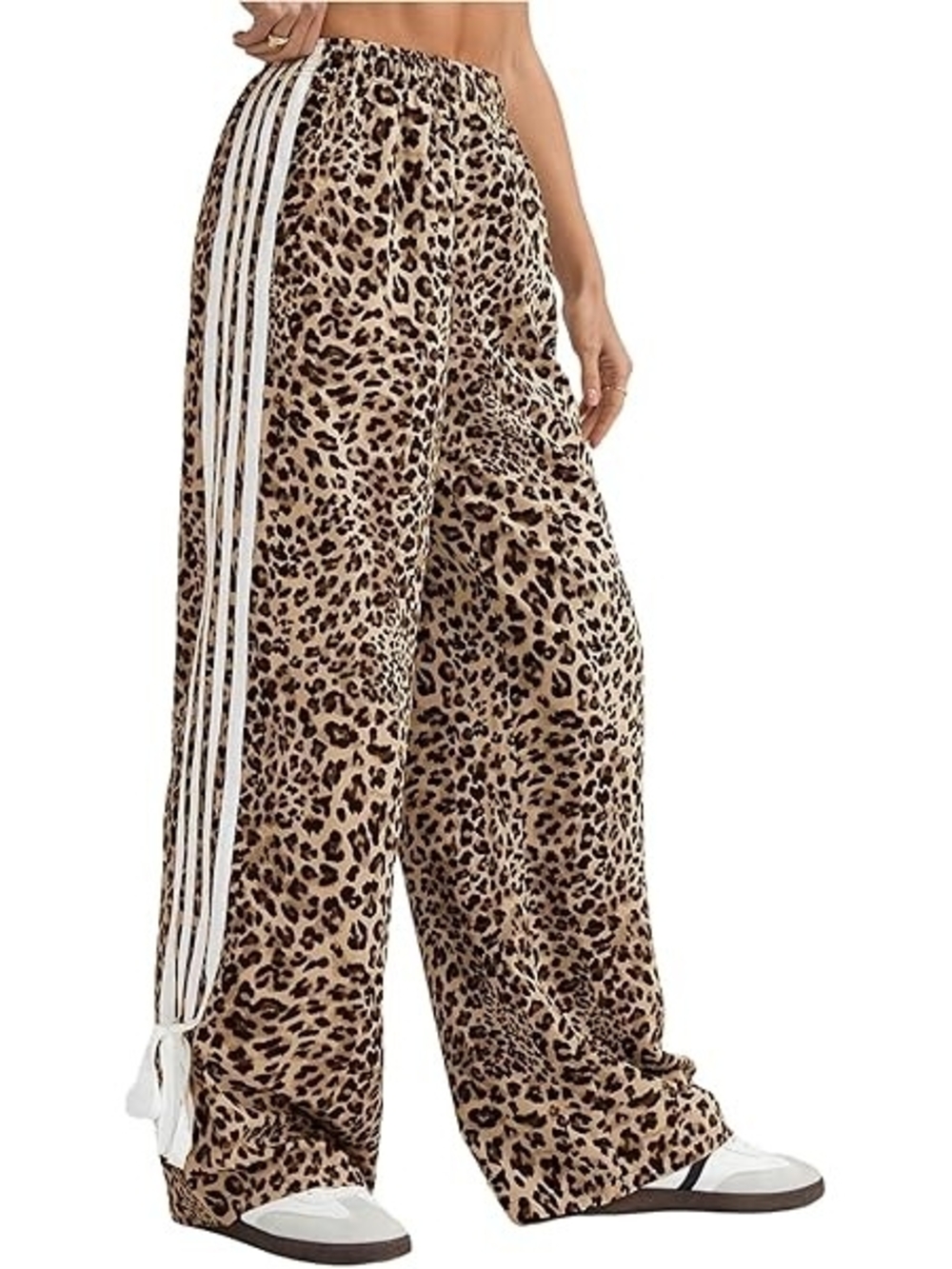 Leopard Print Wide-Leg Track Pants with Side Stripes - Beige
